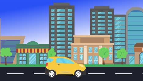 viajes en coche por la ciudad vista lateral, animación en bucle, fondo de diseño plano