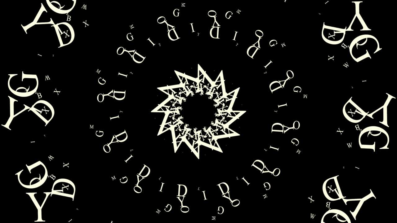 Abstract background of rotating letters on black