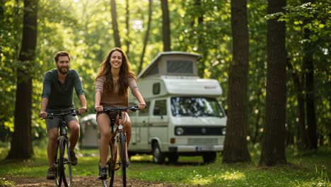 relaxing outdoor adventure: a couple enjoys scenic bike ride through lush forest trails near their camper van