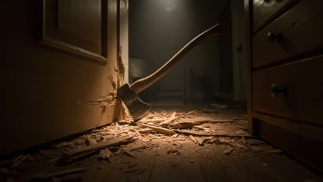 a shattered doorway: an axe embedded in wood with splinters flying, illuminated by eerie lighting, evokes tension and anticipation in an evocative setting