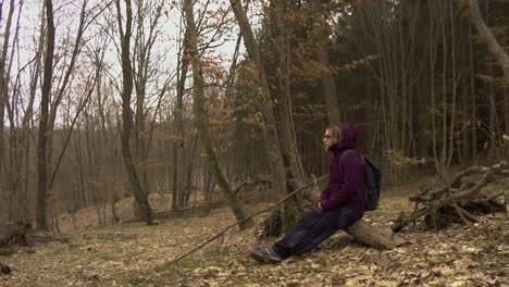 Tiefwinkelansicht-Einer-Frau,-Die-Sich-Auf-Einem-Umgestürzten-Baum-Im-Wald-Ausruht