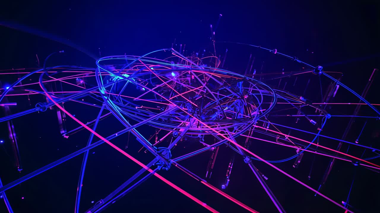 Animating neon wireframe structure rotating, pulsing, extending rods in void, with shifting hues