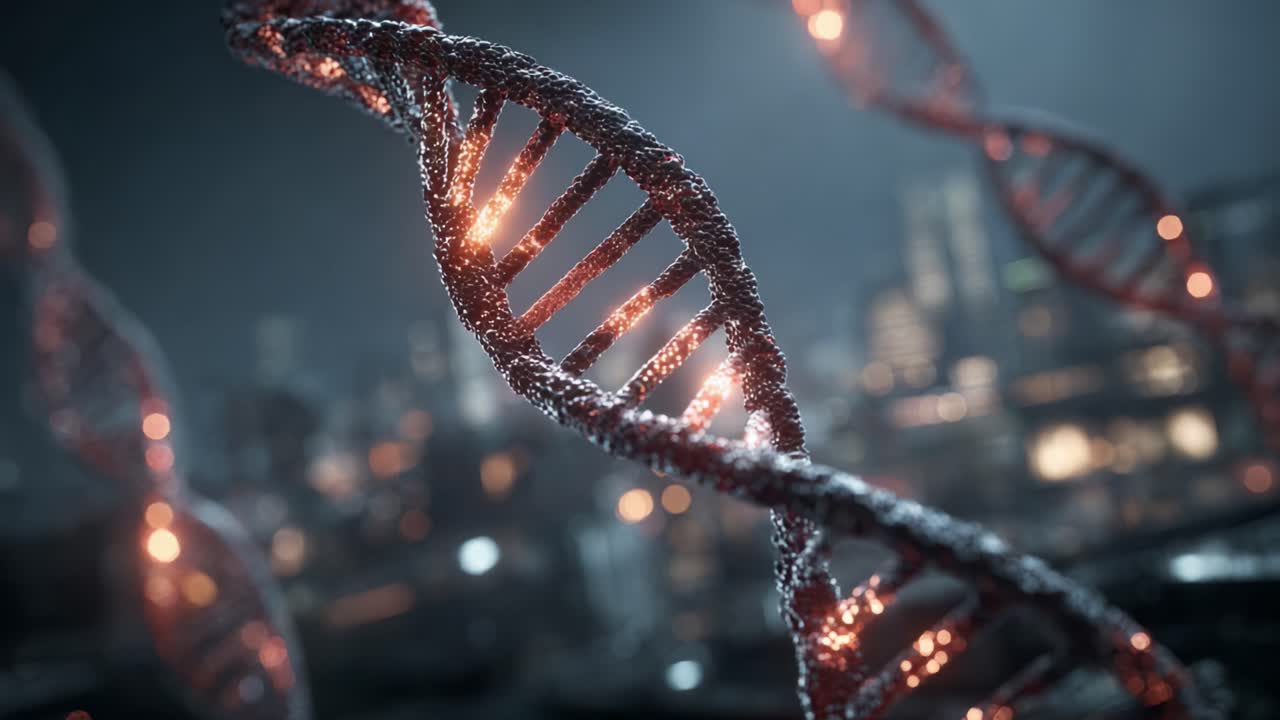 Scorcio accattivante di una doppia elica del DNA illuminata contro uno sfondo di paesaggio urbano, che mostra le complessità delle strutture genetiche e della biologia molecolare