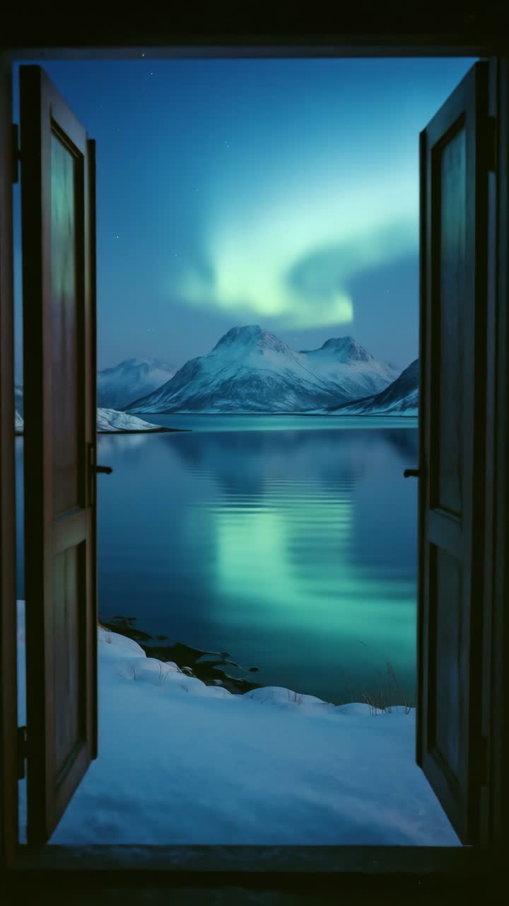 A serene video frame captures a snowy mountain view through open doors at twilight, using a centered
