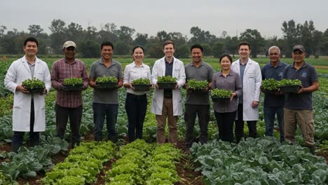 Team of Agricultural Experts and Farmers Showcase Fresh Produce in a Lush Field of Green Leafy Vegetables, Highlighting Collaboration and Innovation in Sustainable Agriculture Practices