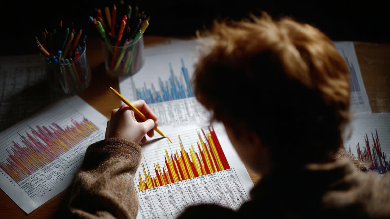 Analyzing Data Trends: A Person Examines Colorful Graphs and Charts with a Yellow Pencil Amidst Colorful Writing Instruments on a Wooden Table