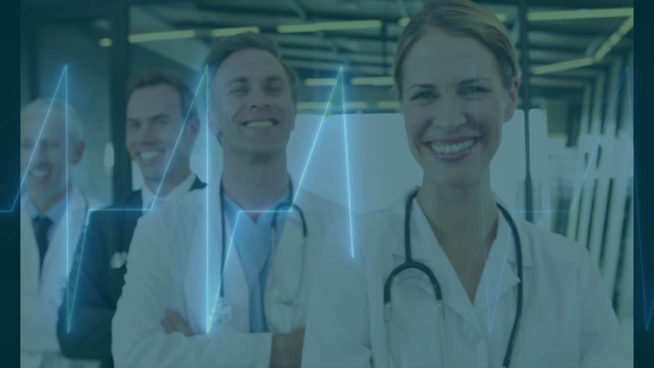 Medical team wearing stethoscopes standing in hospital corridor, showing animated ECG waveform