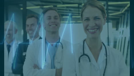 medical team wearing stethoscopes standing in hospital corridor, showing animated ecg waveform