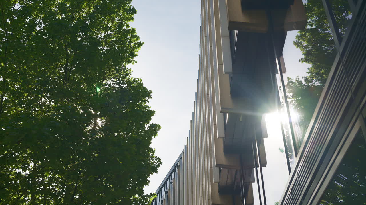 Low-angle shot of a modern office building framed by lush green trees and reflective window in London, England