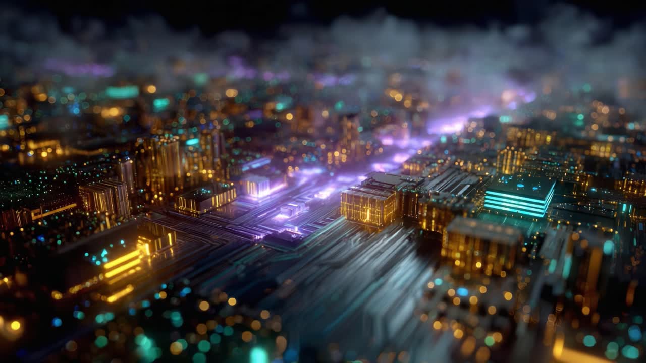 A Stunning Aerial View of a Futuristic Cityscape, Illuminated with Vibrant Neon Lights, Set Against a Dreamlike Background of Fog and Technology