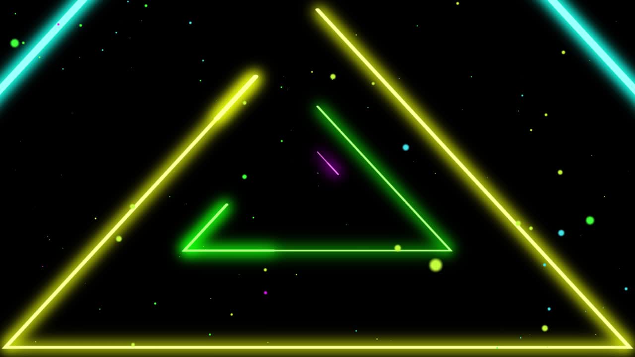 fondo abstracto con luces de neón triángulos, animación en bucle. líneas brillantes de colores en fondo oscuro borroso con partículas