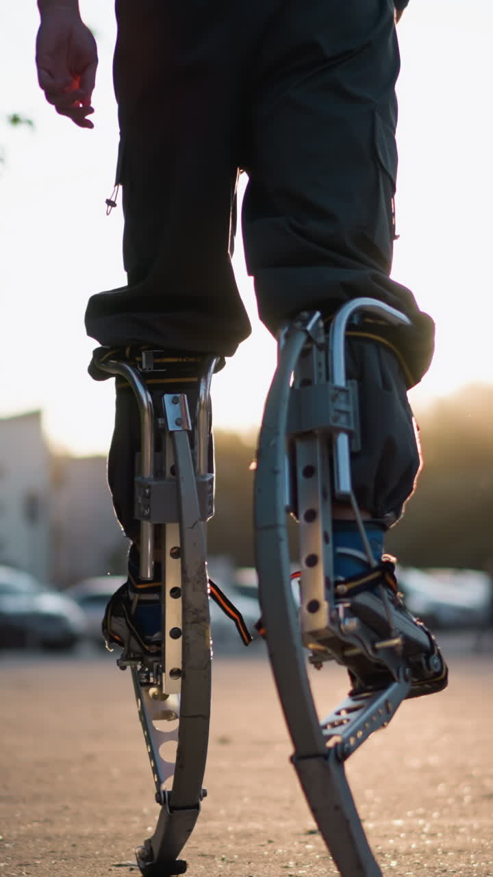 Low back view of person walking on spring stilts during sunset wearing gray pants. Warm evening sunlight creates long shadows, blurred trees and street in background emphasize motion, balance
