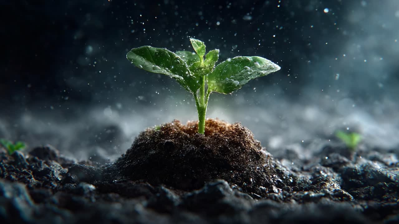 A Resilient Seedling Thrives Amidst the Earth, Symbolizing New Beginnings and Growth in Nature's Embrace Under a Misty Atmosphere