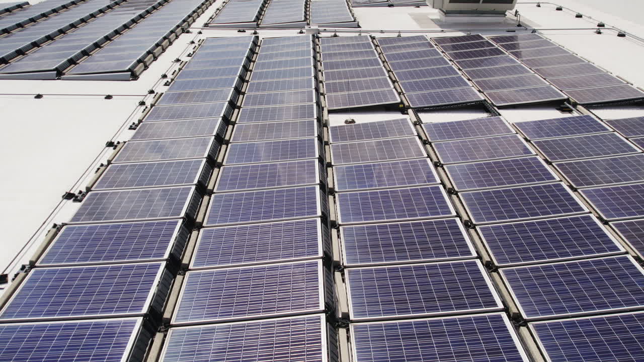 Aerial footage of a large solar array.