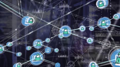 Animation-of-network-of-connections-with-icons-over-server-room-and-data-processing