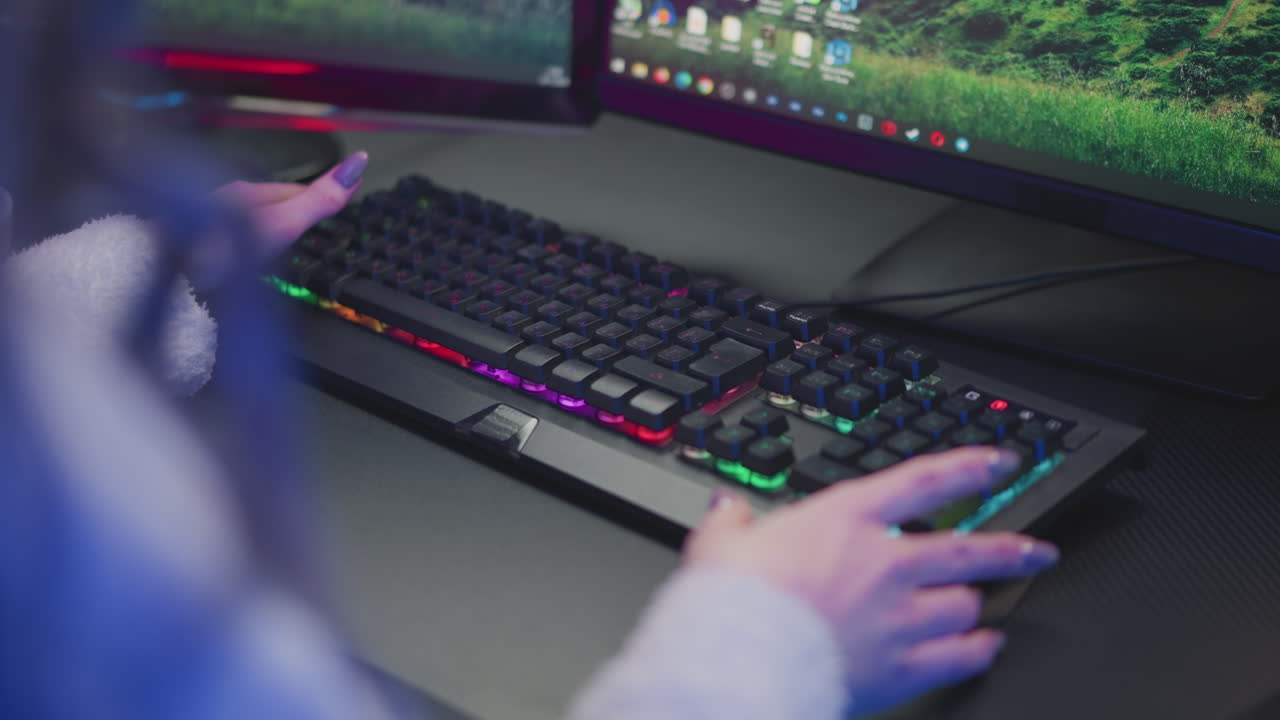Hand view of gamer with polished nails adjusting mechanical keyboard with rainbow backlight in front of dual monitors, fingers hovering over keys in focused gaming environment on dark desktop surface