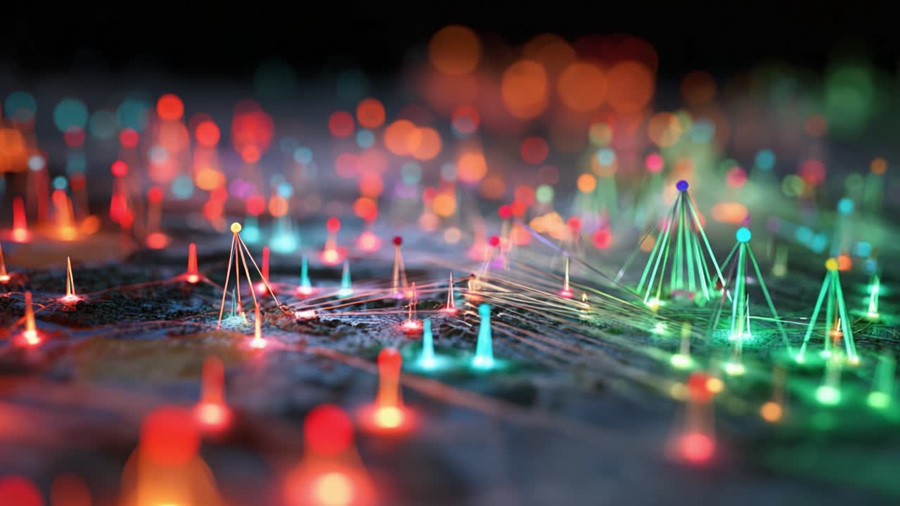Abstract visualization of a complex digital network with colorful nodes representing data points connected by lines, symbolizing global communication, information flow, and technology