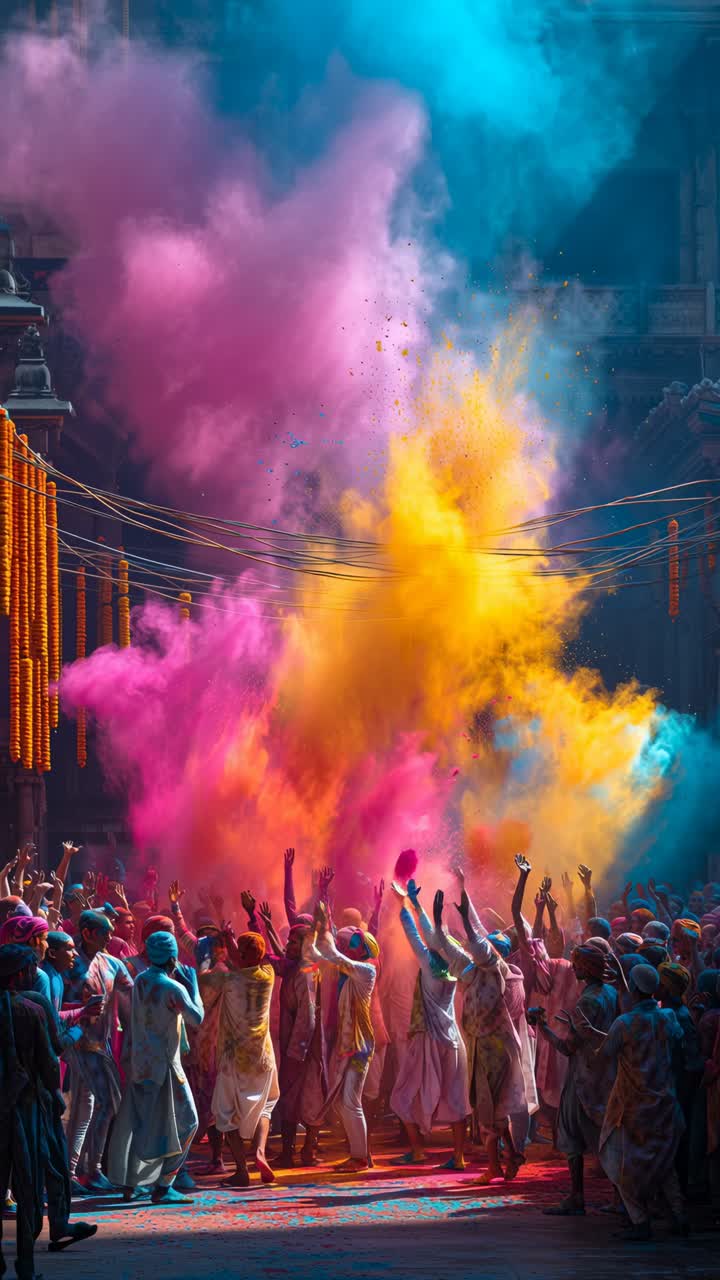 Vivace festa Holi con persone che lanciano polveri colorate