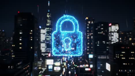 illuminated cybersecurity lock surrounded by cityscape, symbolizing digital protection and privacy in modern urban environment at night