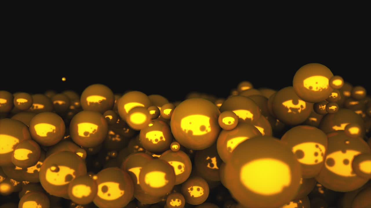 renderización 3d, consistencia densa generada por computadora de burbujas de oro grandes y pequeñas sobre un fondo negro