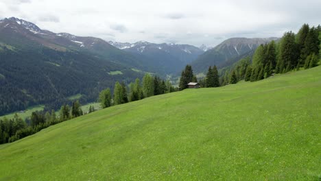 aerial drone footage reversing over an alpine meadow in spring in full flower with a swiss alpine log cabin and a forest of green conifer trees and mountains in the background