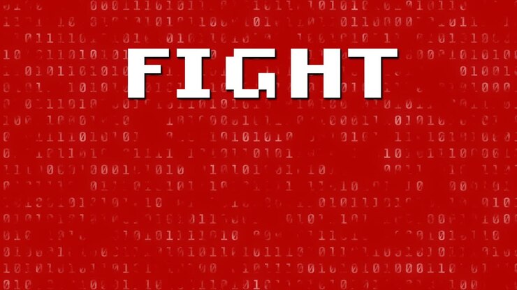 Animation of fight text over looping binary codes against red background