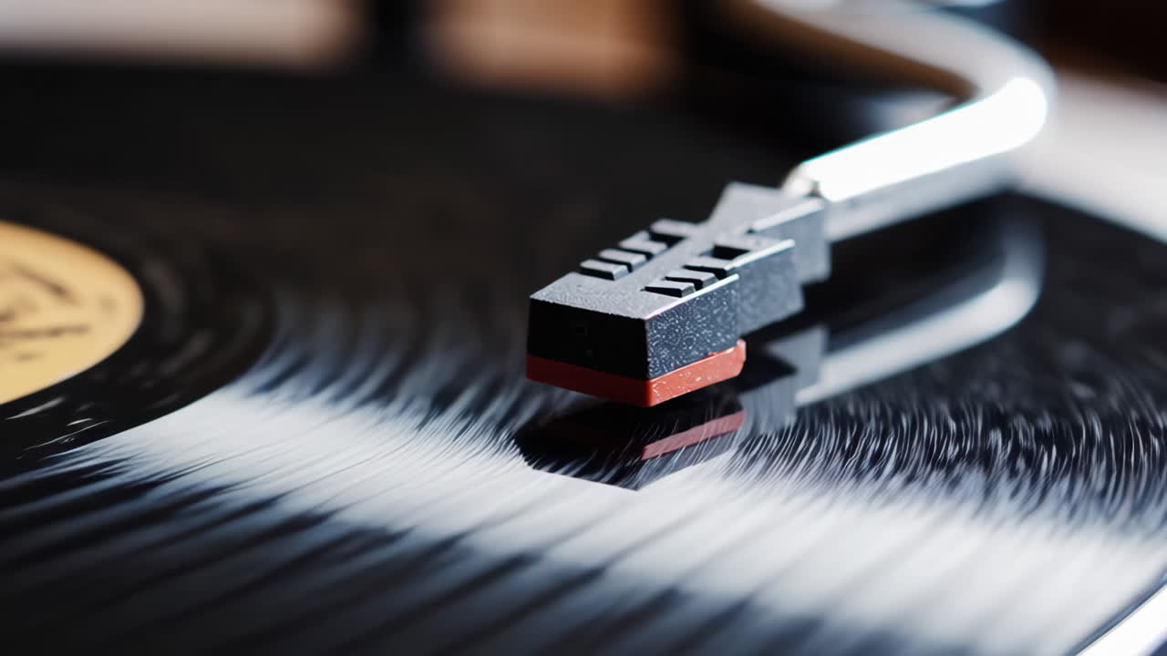 Close-up of a record player's stylus on a spinning vinyl record