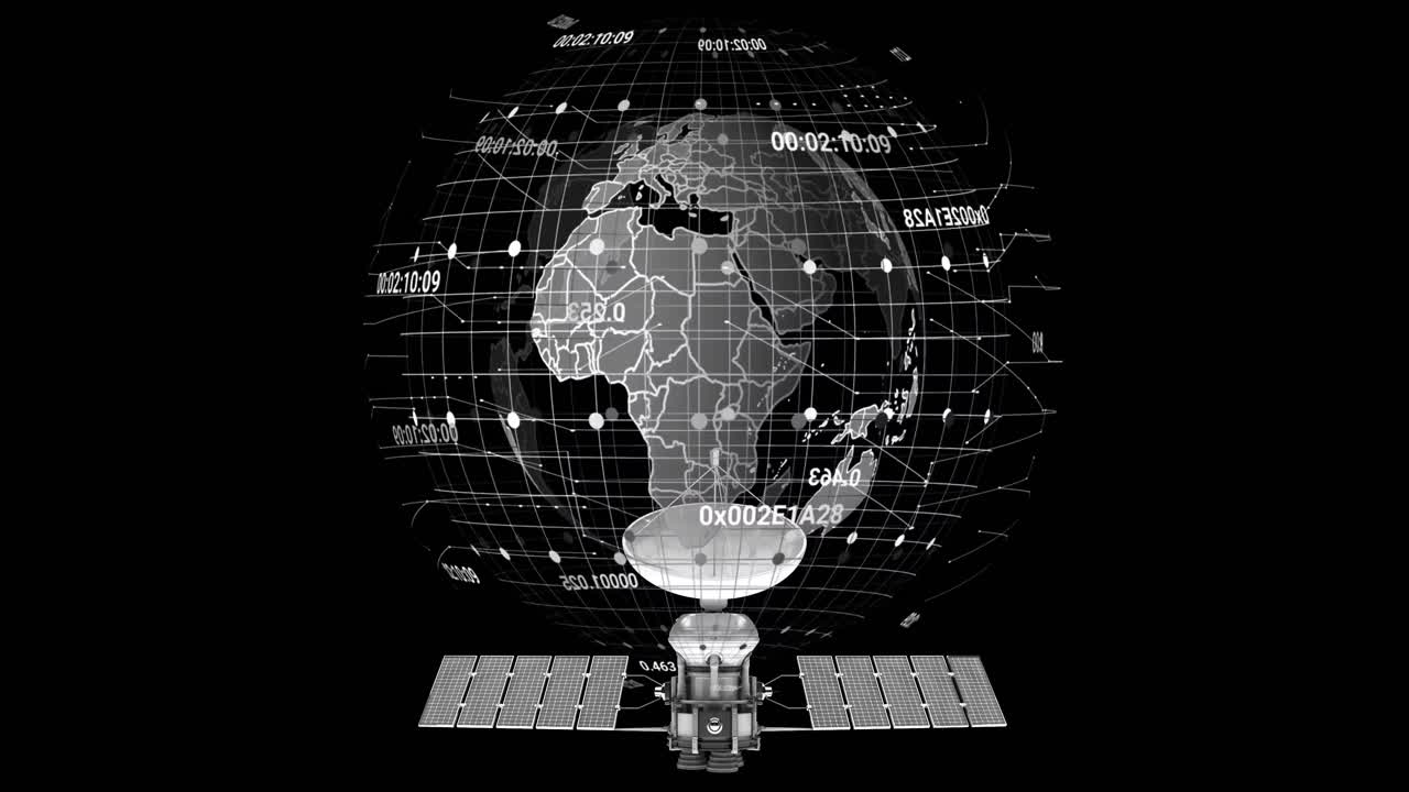 Animation of satellite over globe and numbers processing on black background