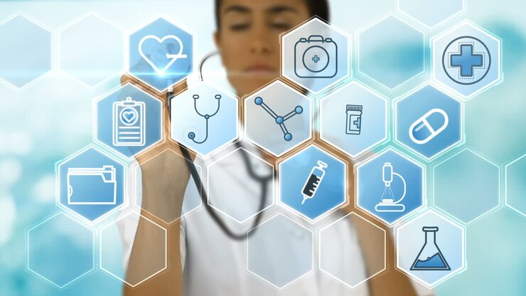 Doctora usando estetoscopio sobre iconos vectoriales médicos