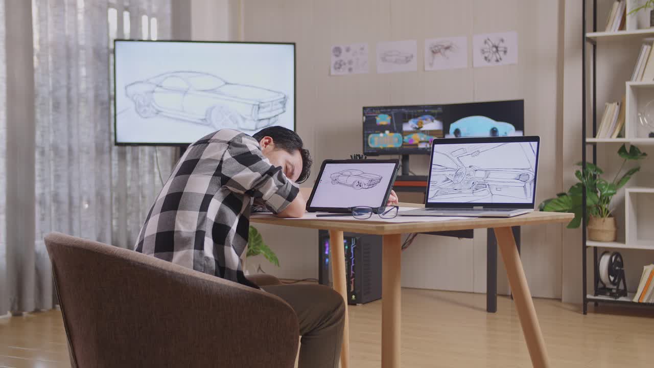vista lateral de un hombre asiático durmiendo mientras dibuja un nuevo concepto de diseño de automóvil en una tableta en el estudio con tv y computadoras muestra modelo de automóvil eléctrico 3d
