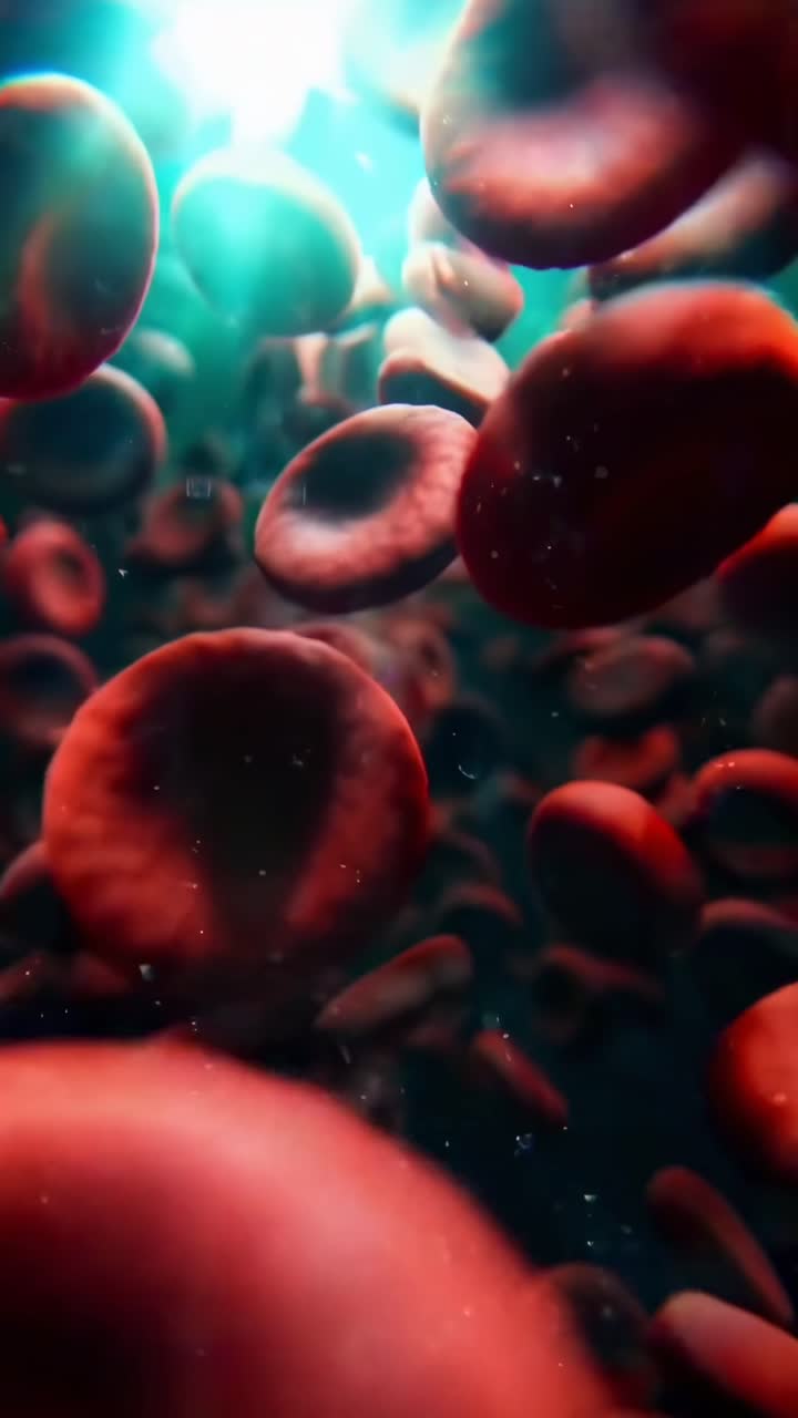Close-up video of red blood cells in motion, with a dynamic, immersive angle and vivid colors