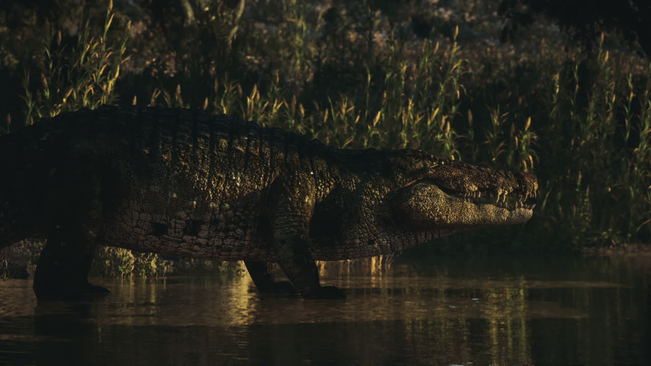 Crocodile lurking in the shallow water near the forest edge at dusk