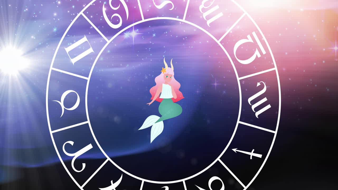 animación del signo estelar con la rueda del horóscopo girando sobre las estrellas sobre un fondo azul a púrpura