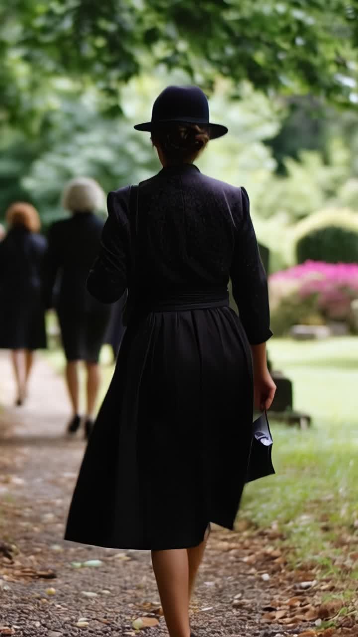 Una mujer de negro camina solemnemente por un sendero del cementerio. Lleva sombrero, abrigo y un pequeño bolso. Otros dolientes la siguen, con las cabezas inclinadas. Árboles y lápidas enmarcan la silenciosa procesión