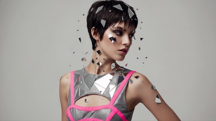 Un ritratto accattivante di una modella di moda con un effetto artistico di vetro frantumato, che fonde estetiche moderne ed elementi di design futuristici.