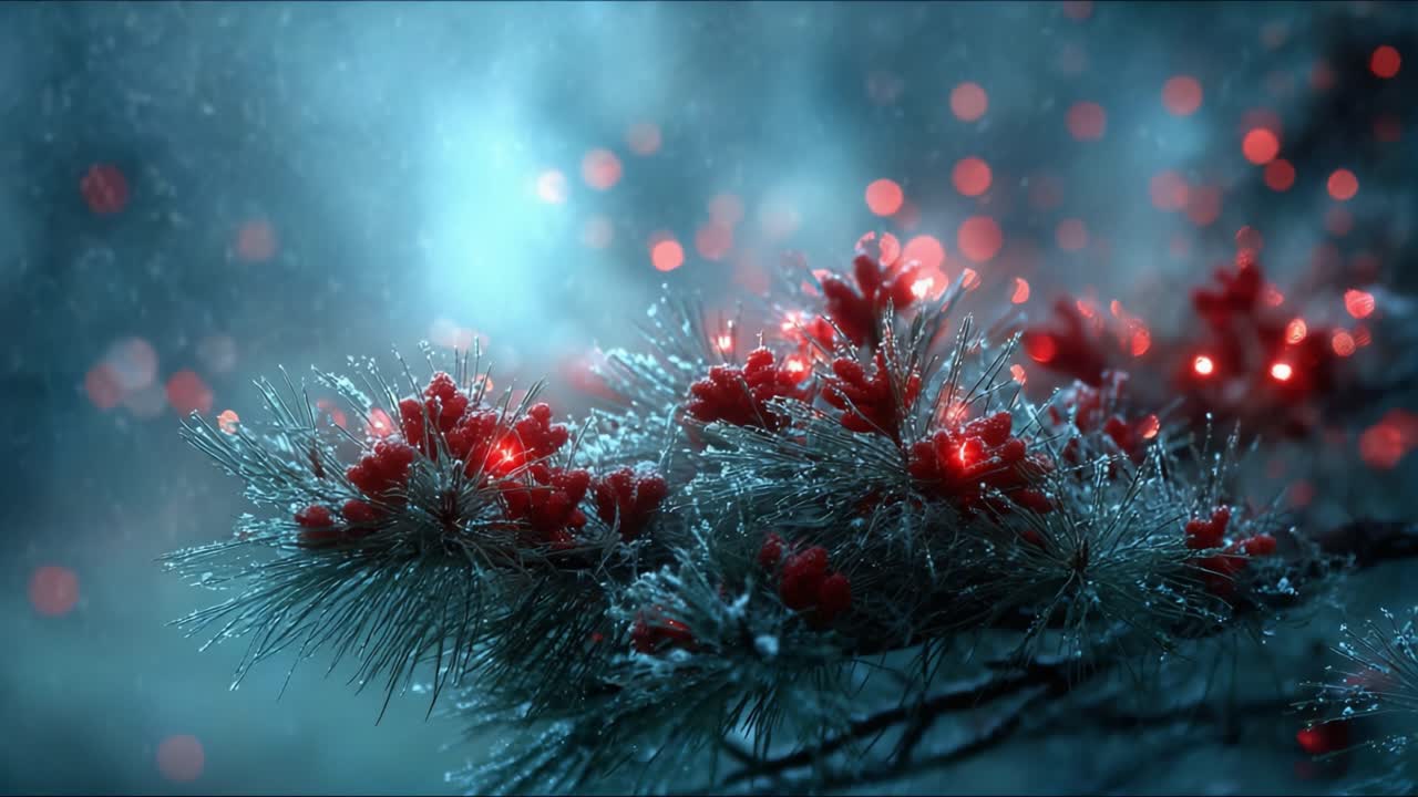 Breathtaking Winter Wonderland: Close-Up of Frosted Pine Branches Adorned with Vibrant Red Berries Illuminated by Soft Glowing Lights in a Magical Snowy Landscape