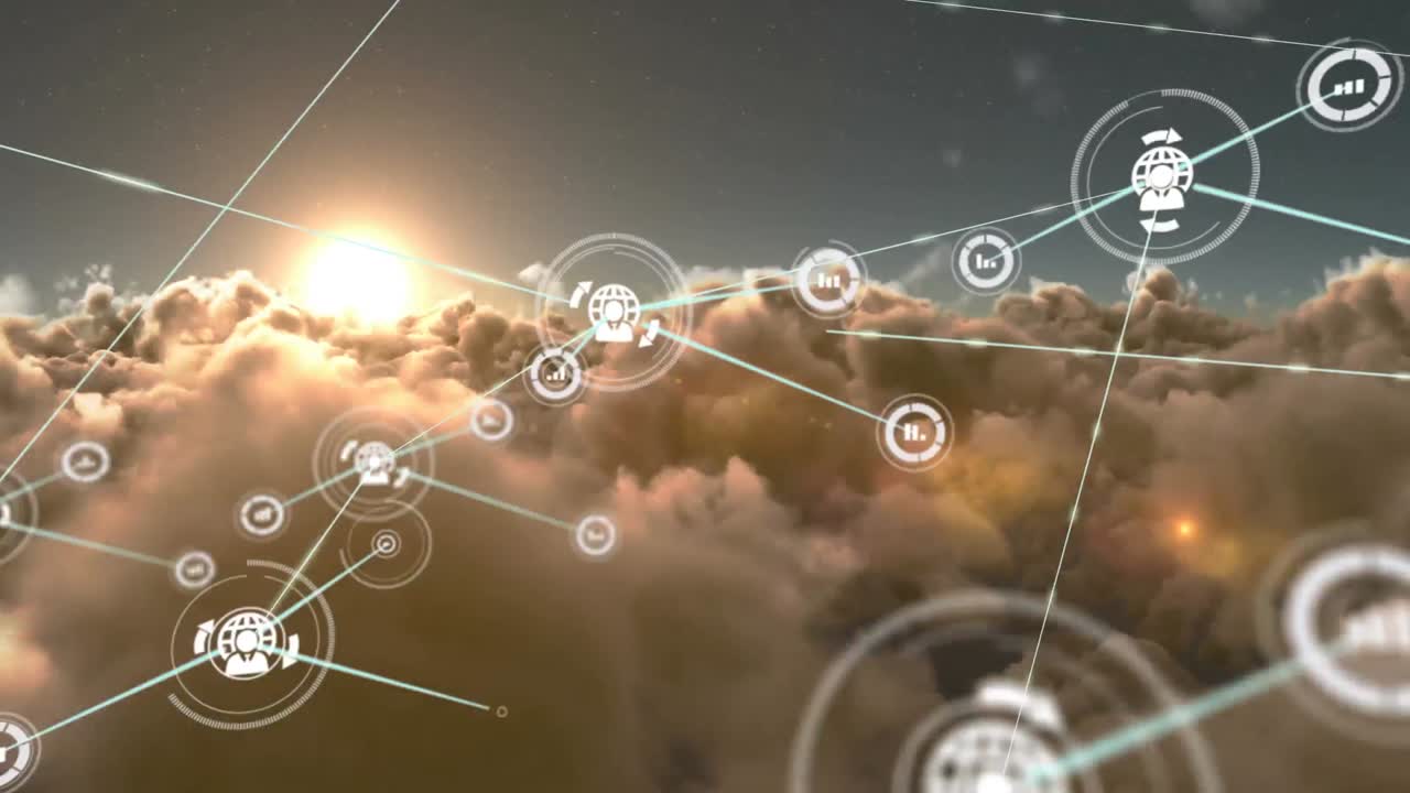 animación de redes de conexiones con iconos en el cielo