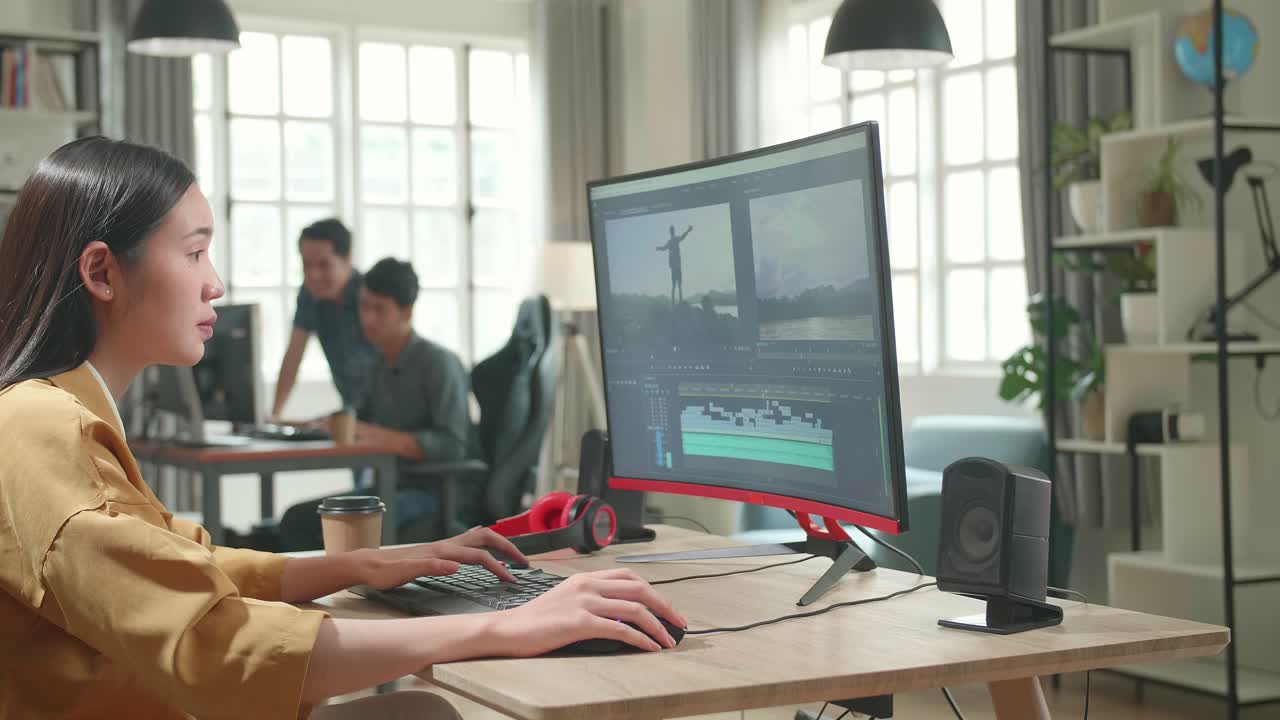 Asian Female Video Editor Works With Footage And Sound On Her Personal Computer In Office