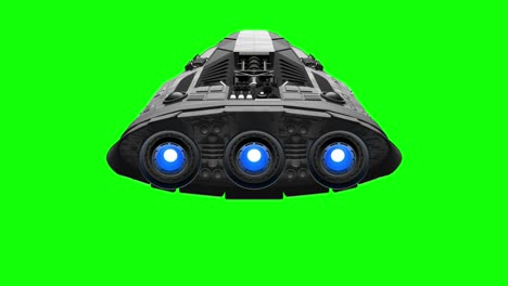 green screen on background, extraterrestrial sci-fi spaceship flies in space. powerful engines pulsate and flashing, 3d animation.