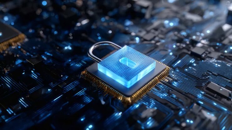 Advanced Digital Security: The Evolution of Encryption with a 3D Lock on a Circuit Board Representing Cybersecurity Innovations in Modern Technology