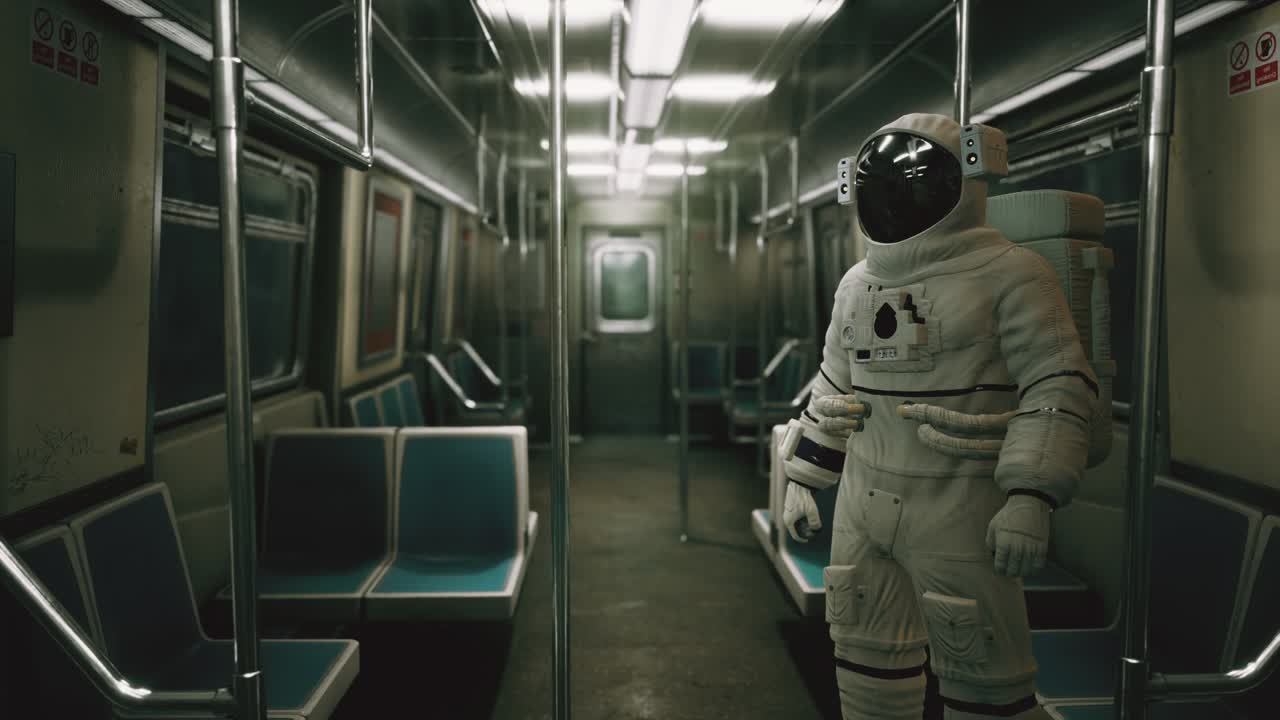 astronauta dentro del viejo vagón de metro no modernizado en ee.uu.
