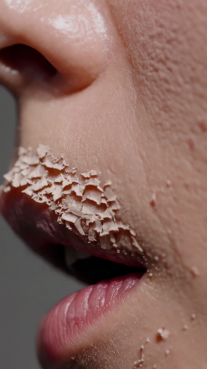 Close-up of dry, flaky skin on lips and face