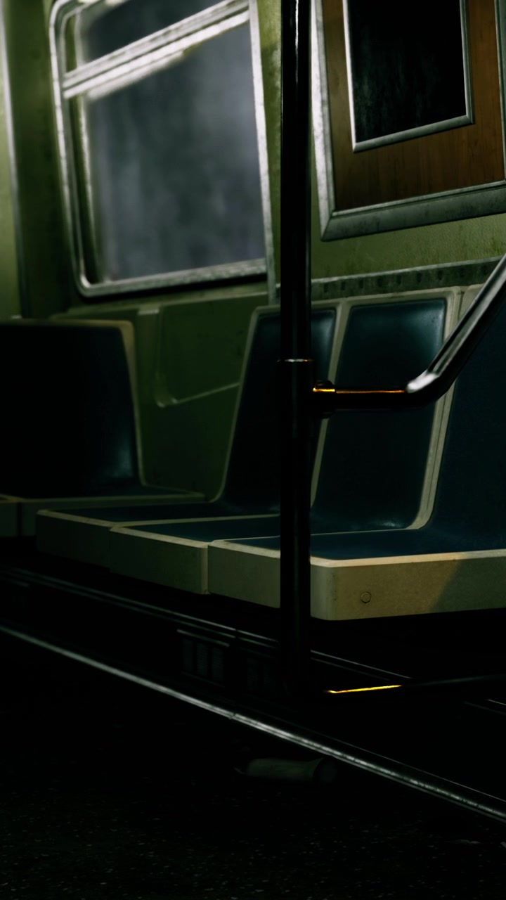 Sedili vuoti di un treno della metropolitana in una città di notte sotto una luce fioca.