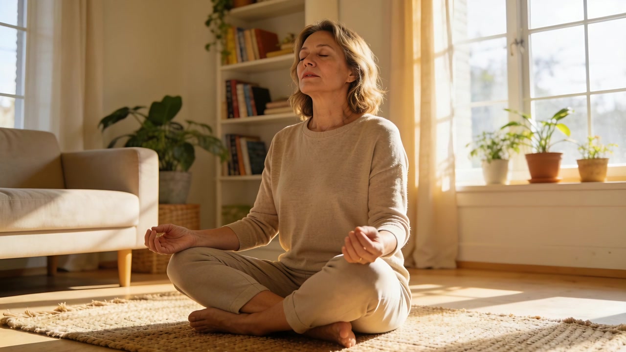 Donna in meditazione in abito beige con un mudra su un tappeto intrecciato in una stanza illuminata dal sole, con la luce solare che aiuta la meditazione.