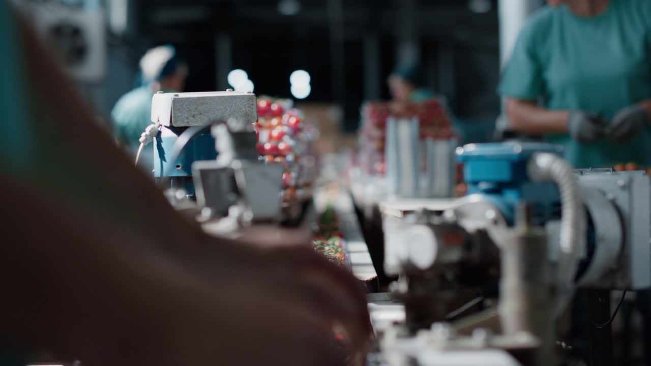 Factory workers packing tomatoes technological horticultural warehouse closeup