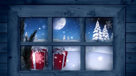 Animation-Von-Weihnachtsgeschenken-In-Einer-Winterlandschaft,-Gesehen-Durch-Das-Fenster