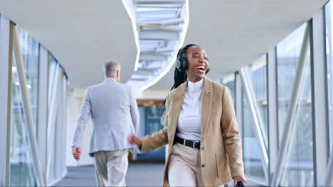 Headphones,-music-and-business-woman-high-five