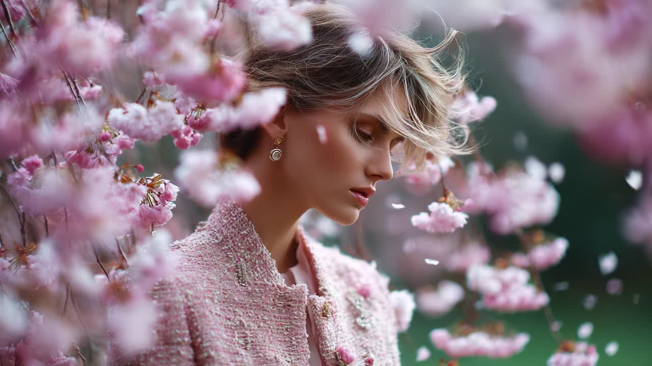 A Serene Moment Captured in Bloom: A Young Woman in a Soft Pink Jacket Surrounded by Cherry Blossoms, Embracing Nature's Beauty and Tranquility in a Dreamy Setting