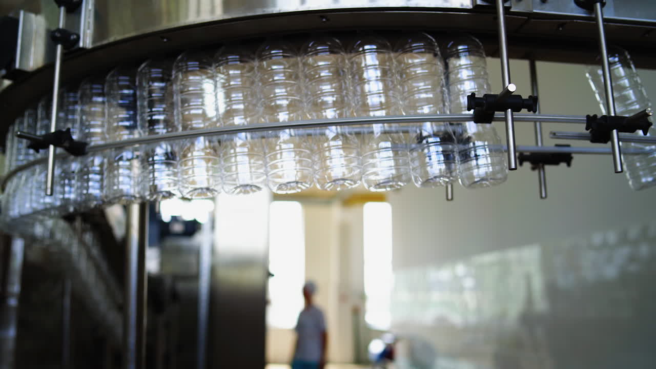 Cooking oil production line. Empty bottles hanging on a conveyor. Automated factory for the production of olive oil. Concept of food industry.