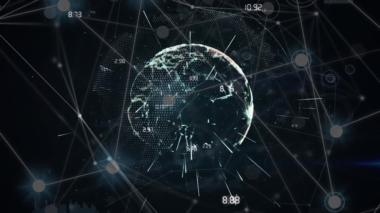 Animation of globe with connections and data processing on black background